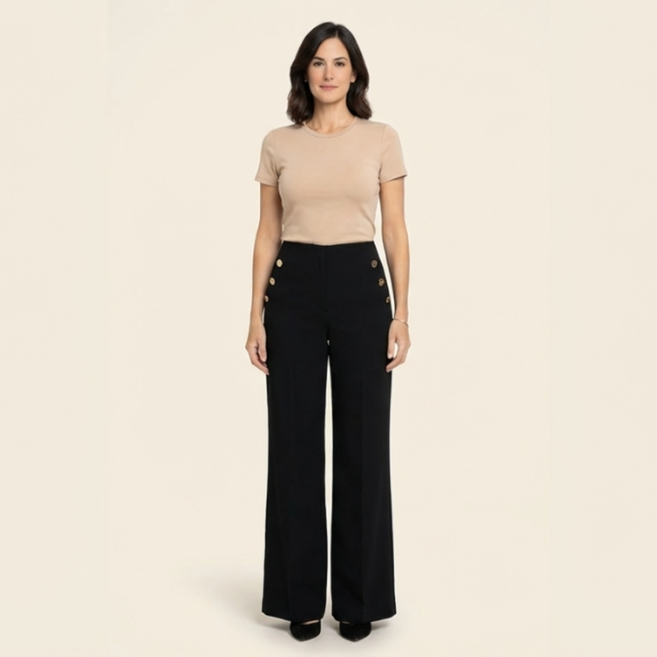 Mónica - Pantalón elástico de tiro alto y botones dorados