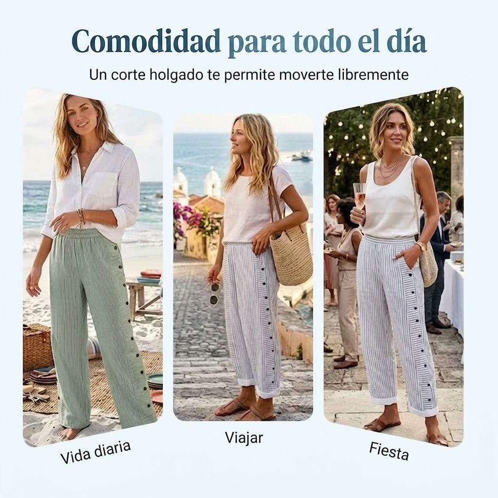 Salma - Pantalón recto de rayas con botones laterales