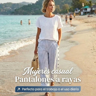 Salma - Pantalón recto de rayas con botones laterales