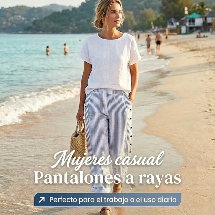 Salma - Pantalón recto de rayas con botones laterales