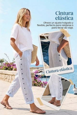 Salma - Pantalón recto de rayas con botones laterales