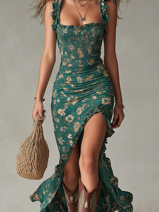 Zara - Vestido boho retro con volantes y abertura