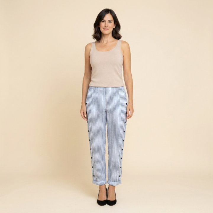Salma - Pantalón recto de rayas con botones laterales