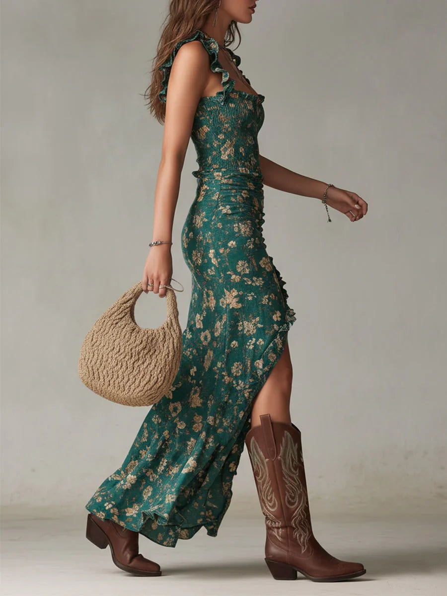 Zara - Vestido boho retro con volantes y abertura