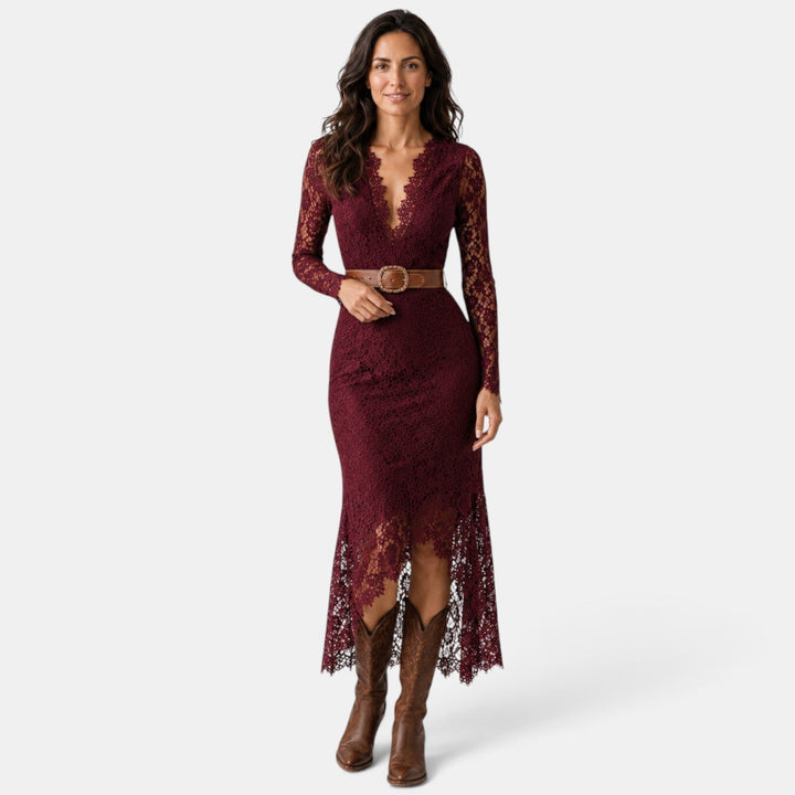Vestido Invitada de Boda Midi Boho Manga Larga con Abertura