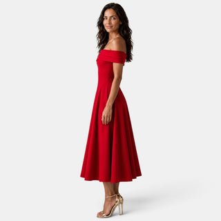 Vestido Midi con Escote Off-Shoulder y Falda Evasé para Mujer