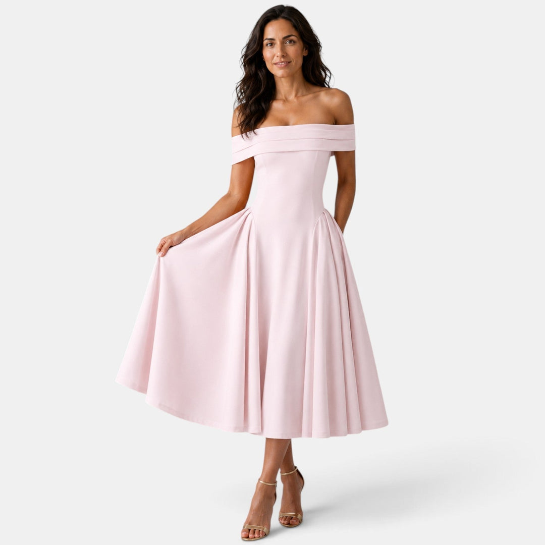 Vestido Midi con Escote Off-Shoulder y Falda Evasé para Mujer