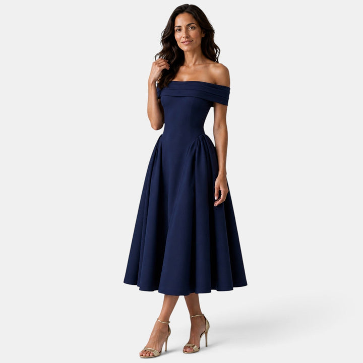 Vestido Midi con Escote Off-Shoulder y Falda Evasé para Mujer
