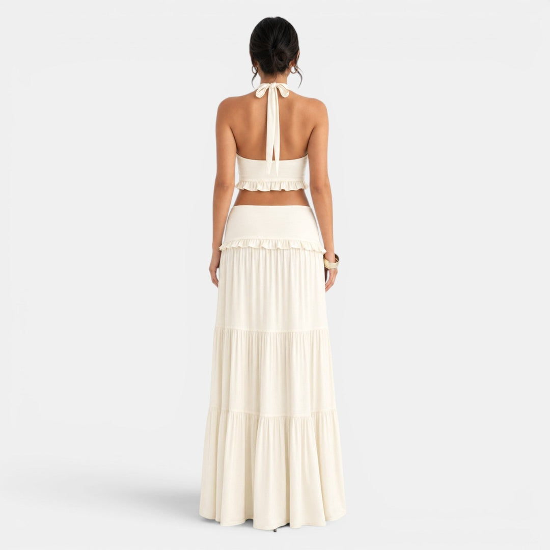Conjunto Halter con Falda Larga Volantes