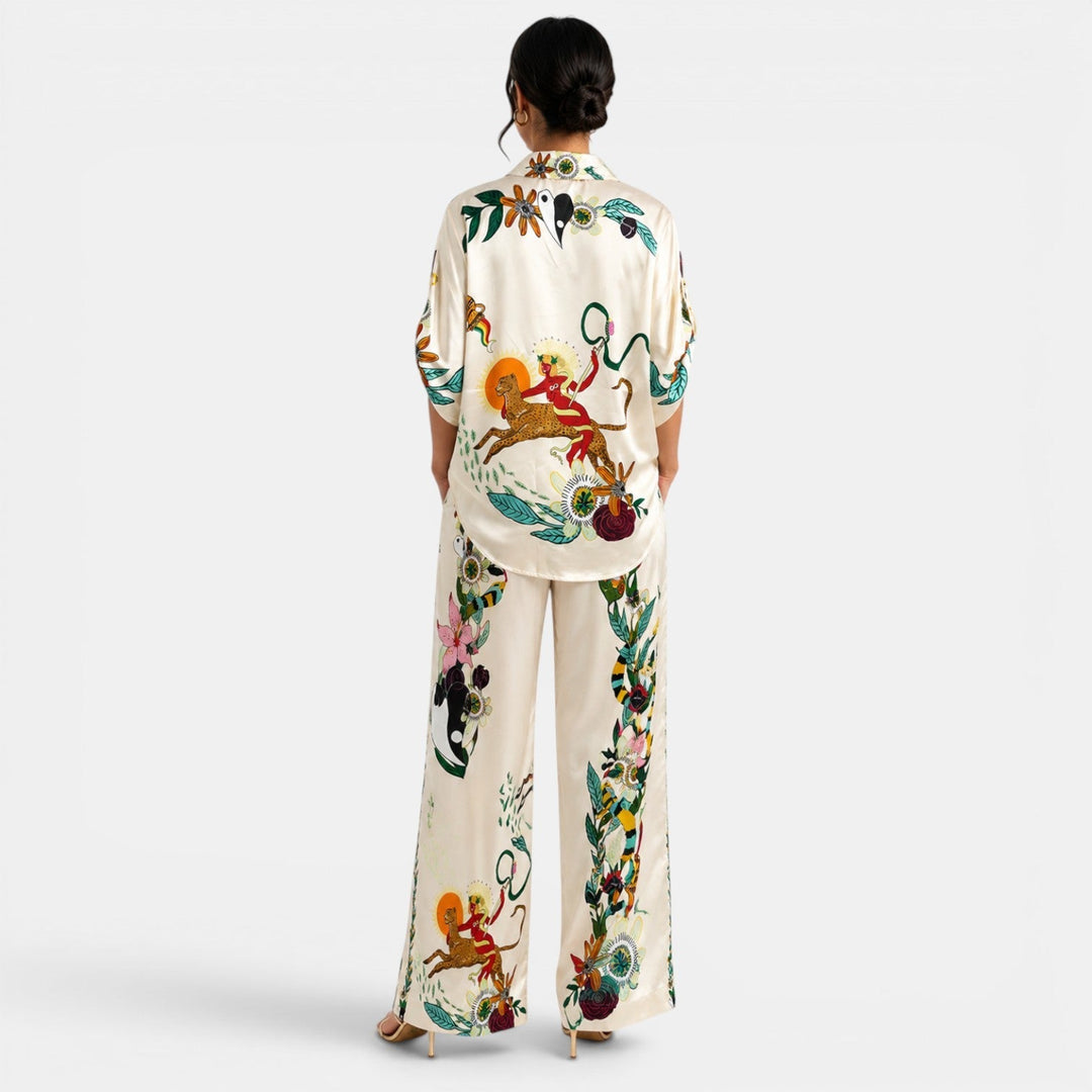 Conjunto Satinado Beige Estampado Mujer