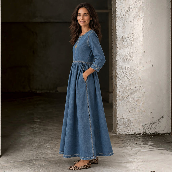 Largo Vestido Vaquero Mujer Manga Larga