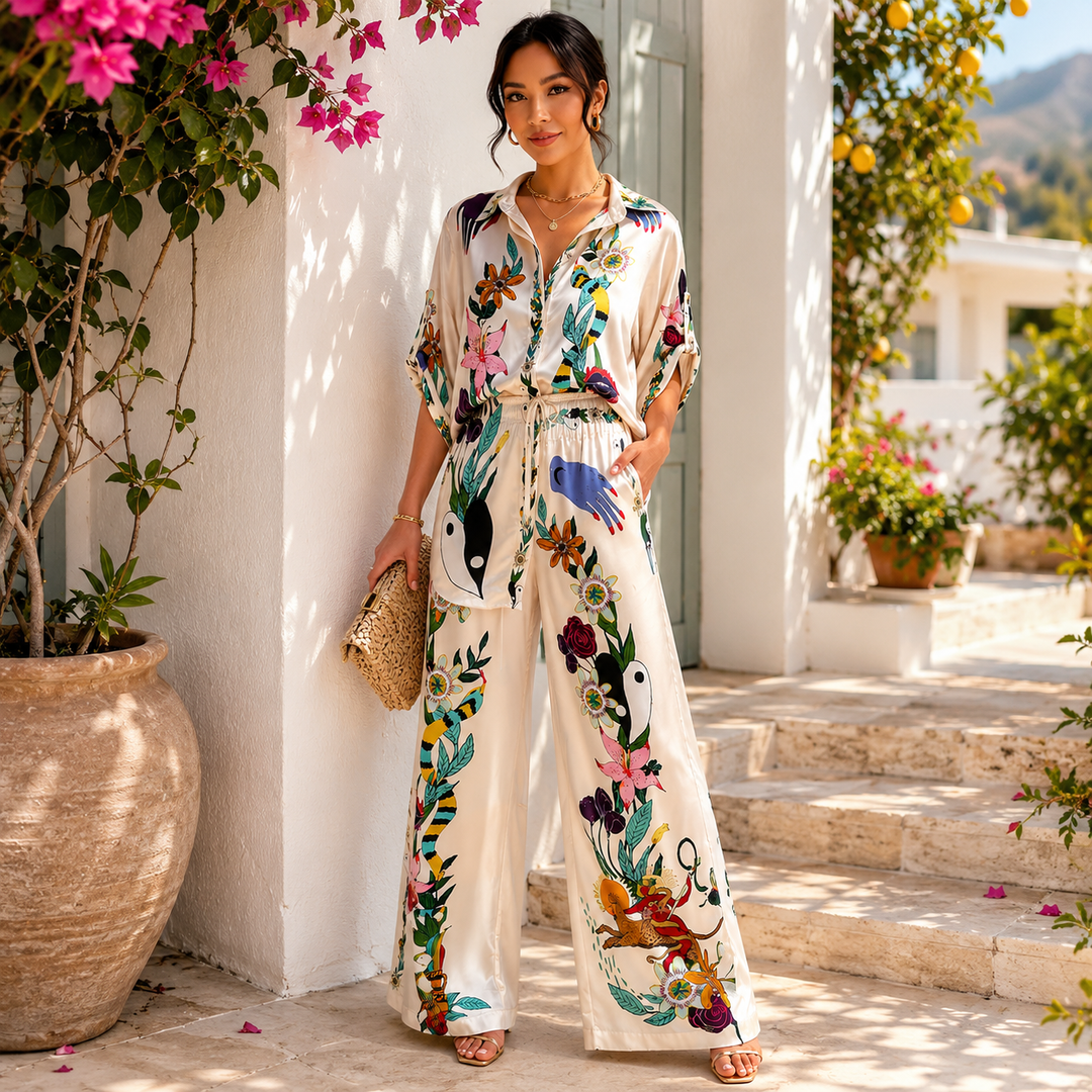 Conjunto Satinado Beige Estampado Mujer