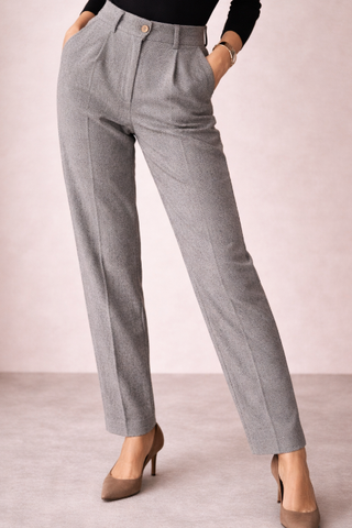 Pantalón de Lana con Pliegues y Cintura Alta para Mujer