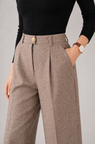 Pantalón de Lana con Pliegues y Cintura Alta para Mujer