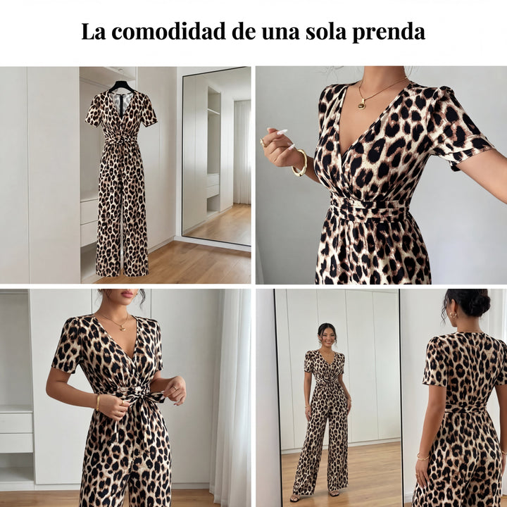 Lara - Mono de leopardo con escote en V y pierna ancha