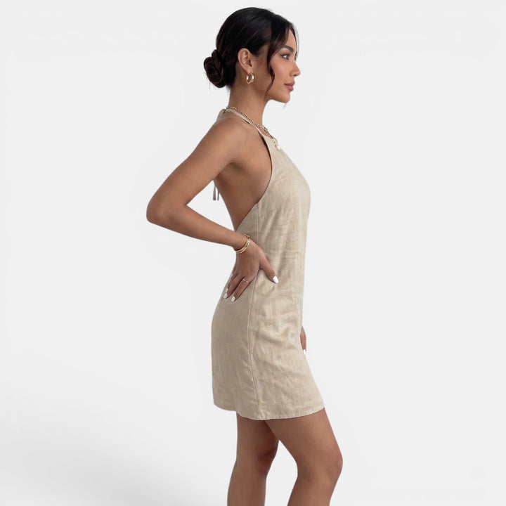 Vestido Corto Lino Halter Mujer Caqui