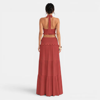 Conjunto Halter con Falda Larga Volantes