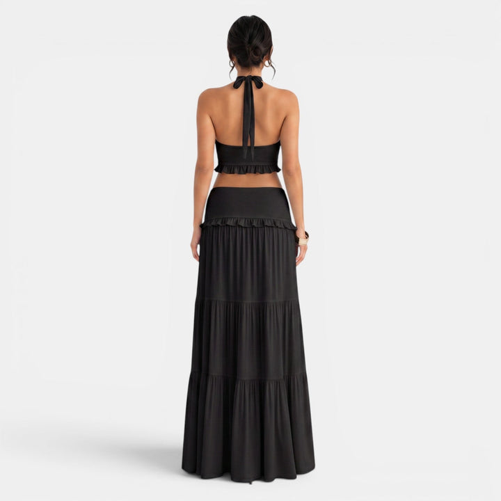Conjunto Halter con Falda Larga Volantes
