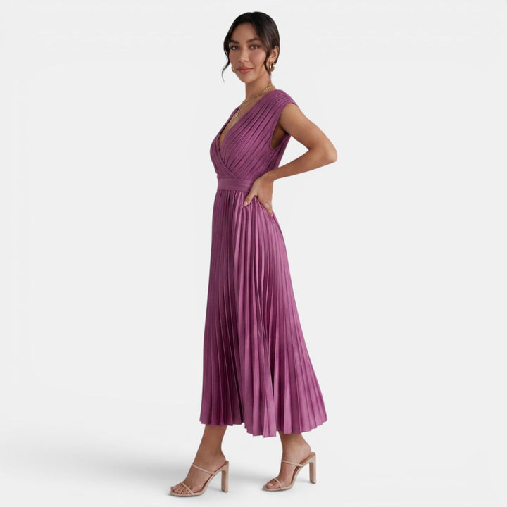 Vestido Midi Mujer Cuello V Plisado