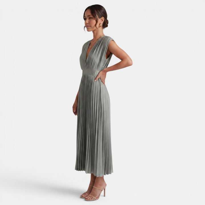 Vestido Midi Mujer Cuello V Plisado