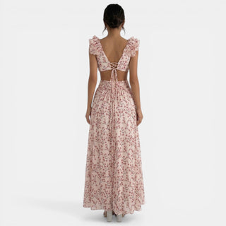 Vestido Floral Maxi Escote V Volantes