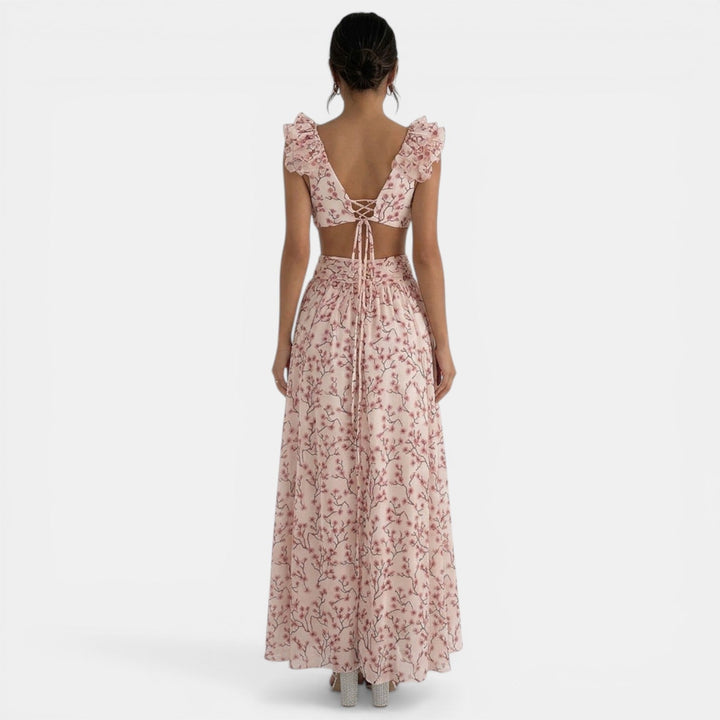Vestido Floral Maxi Escote V Volantes