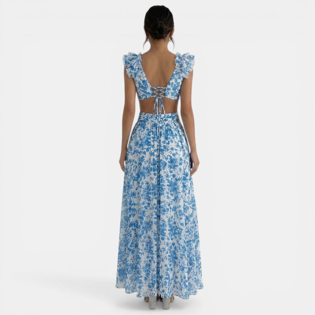 Vestido Floral Maxi Escote V Volantes