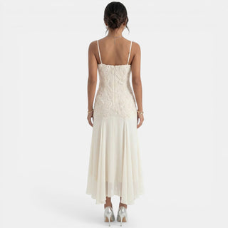 Vestido Midi Beige Bordado Mujer