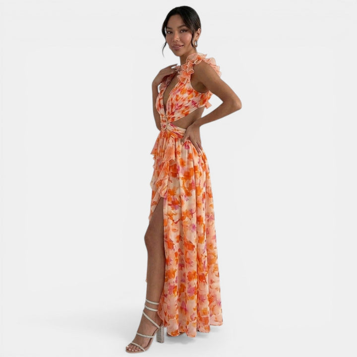 Vestido Floral Maxi Escote V Volantes