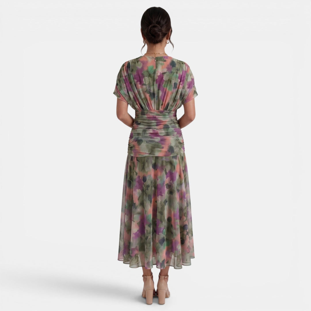 Vestido Maxi Mujer Gasa Estampado Cuello V