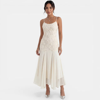 Vestido Midi Beige Bordado Mujer