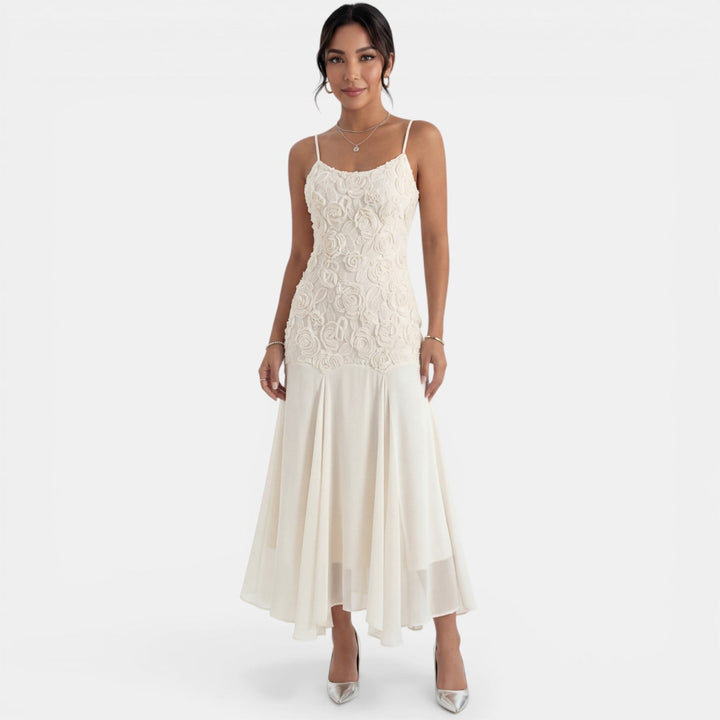 Vestido Midi Beige Bordado Mujer