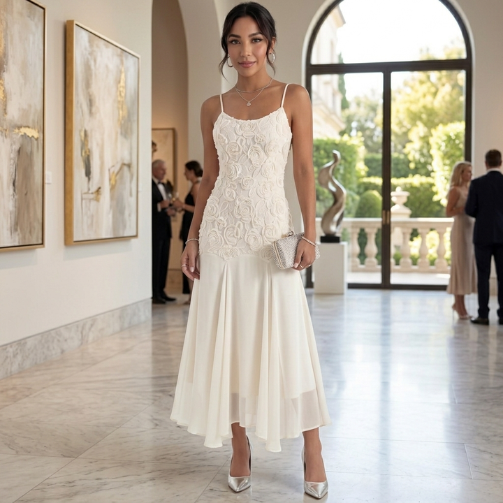 Vestido Midi Beige Bordado Mujer