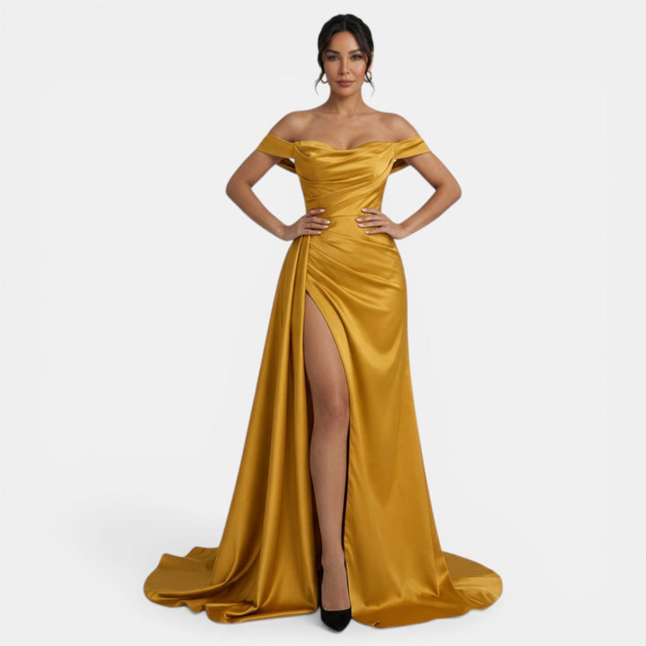Vestido de Fiesta Off-Shoulder con Abertura Alta