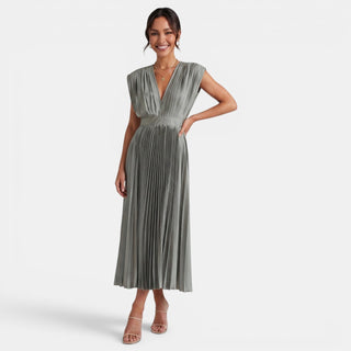 Vestido Midi Mujer Cuello V Plisado