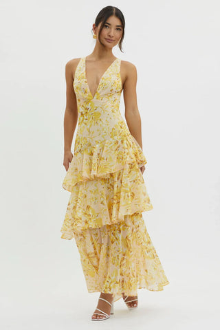 Maya - Vestido largo floral con volantes