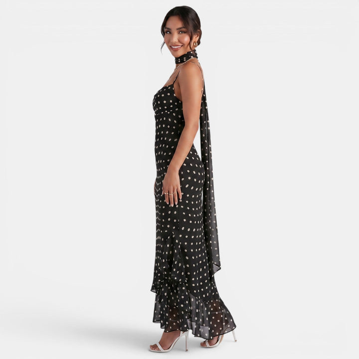 Vestido Maxi Halter Lunares Negro