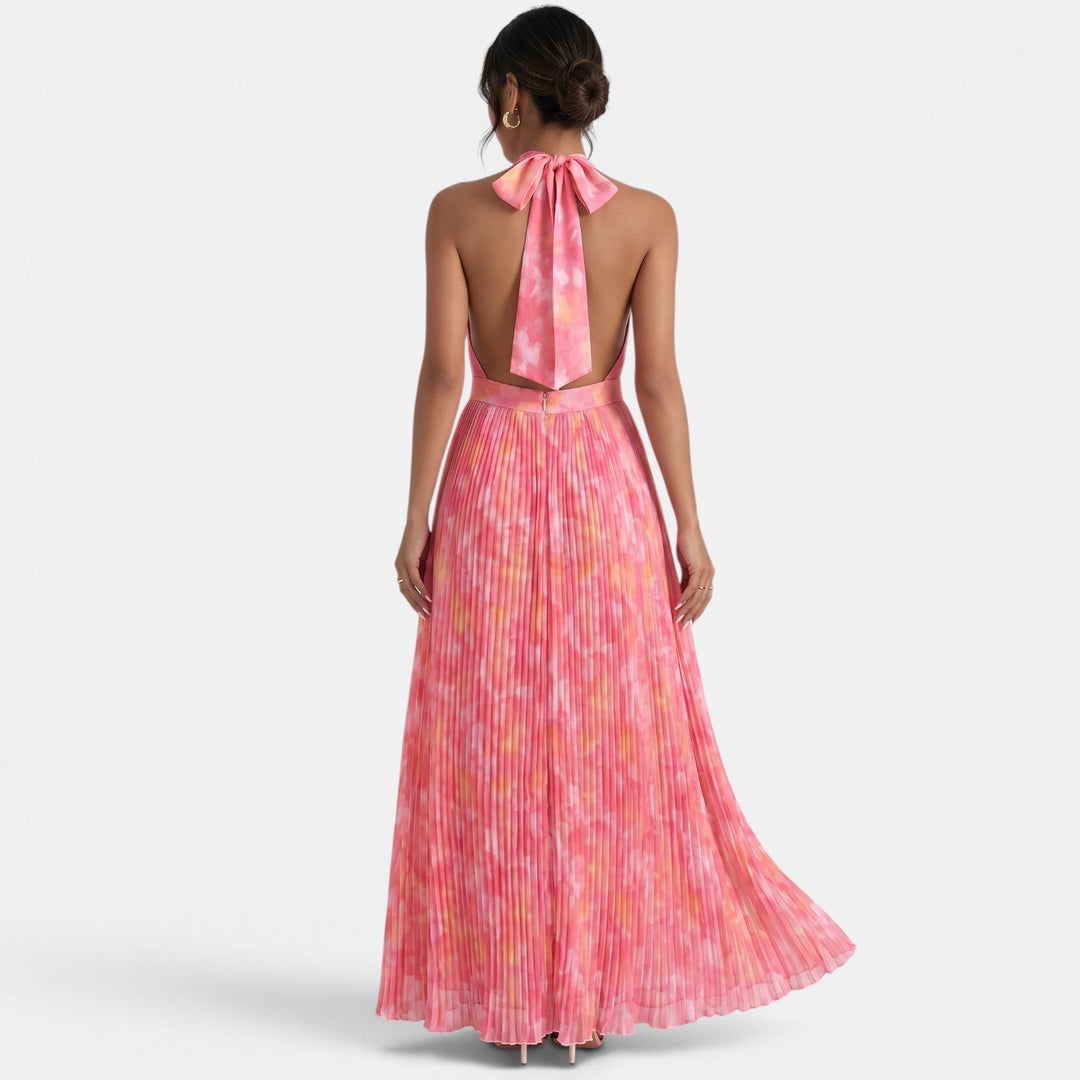 Long Pink Pleated Halter Dress