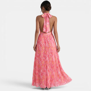 Long Pink Pleated Halter Dress