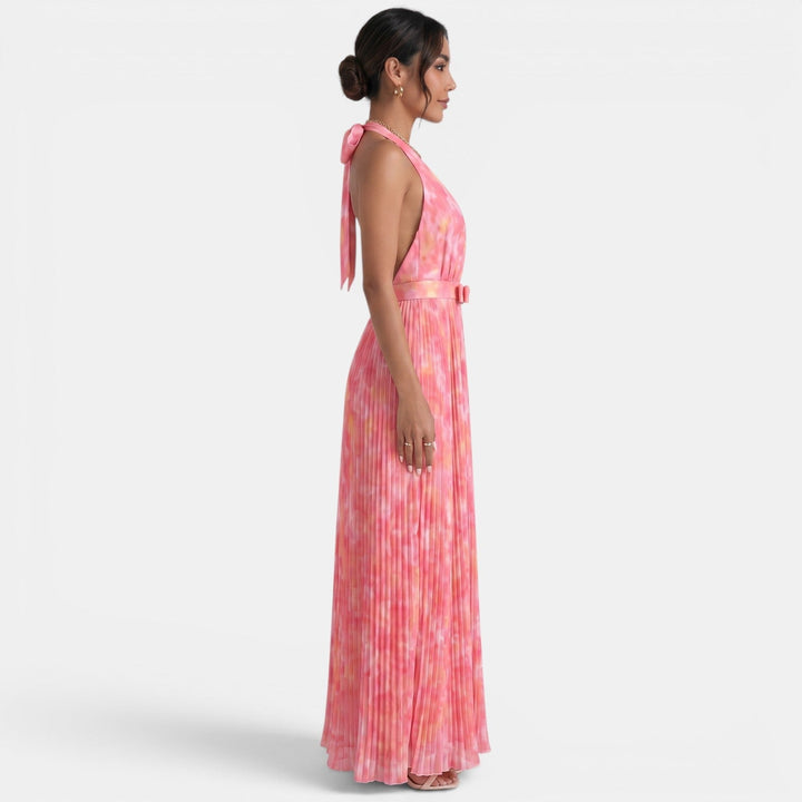 Long Pink Pleated Halter Dress