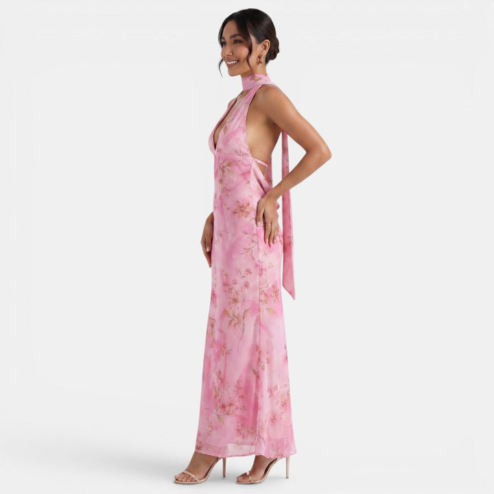 Vestido Halter Floral Espalda Descubierta