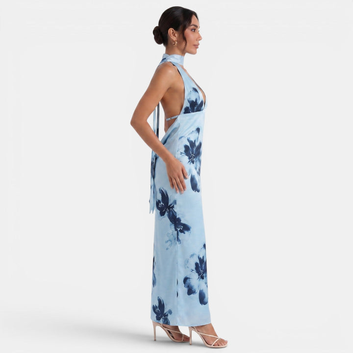 Vestido Halter Floral Espalda Descubierta