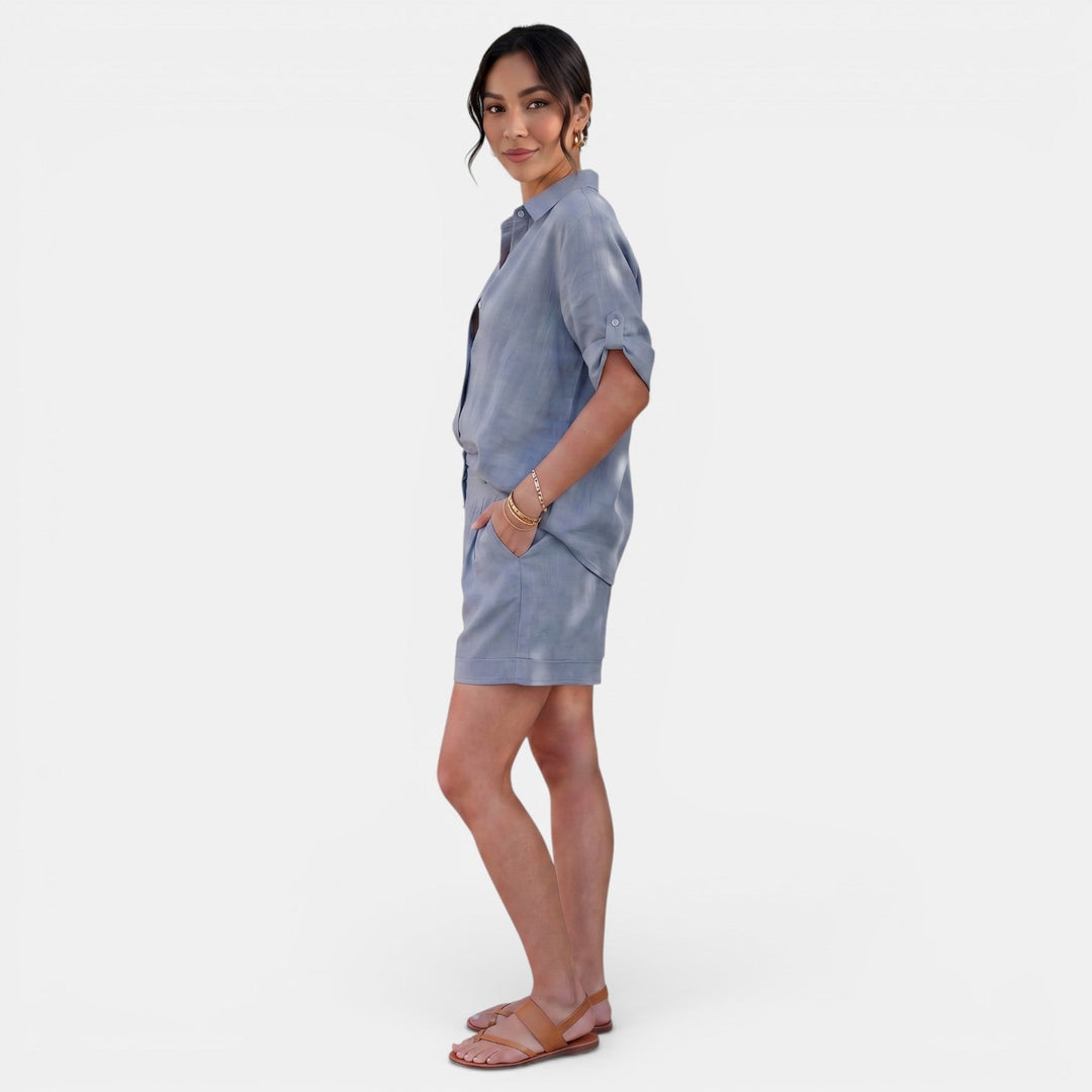 Conjunto Mujer Camisa Lino Algodón Manga Media