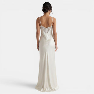 Vestido Satén Largo Encaje V