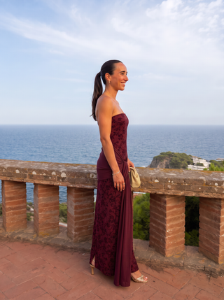 Vestido Largo Mujer Floral Burdeos de Tul para Bodas