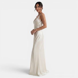 Vestido Satén Largo Encaje V