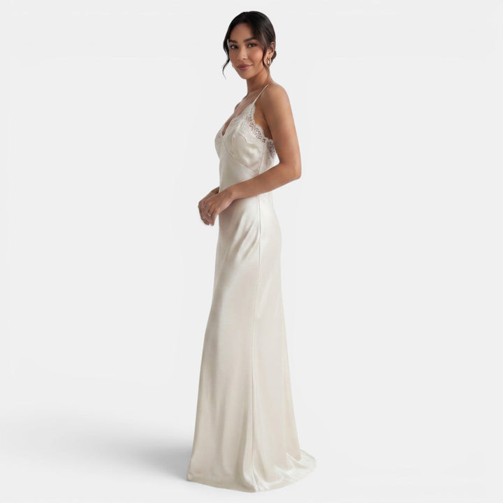 Vestido Satén Largo Encaje V