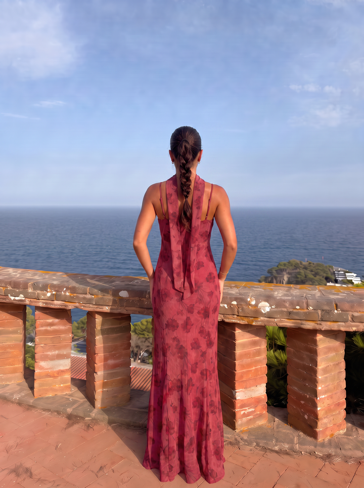 Long Burgundy Printed Georgette Dress for Women