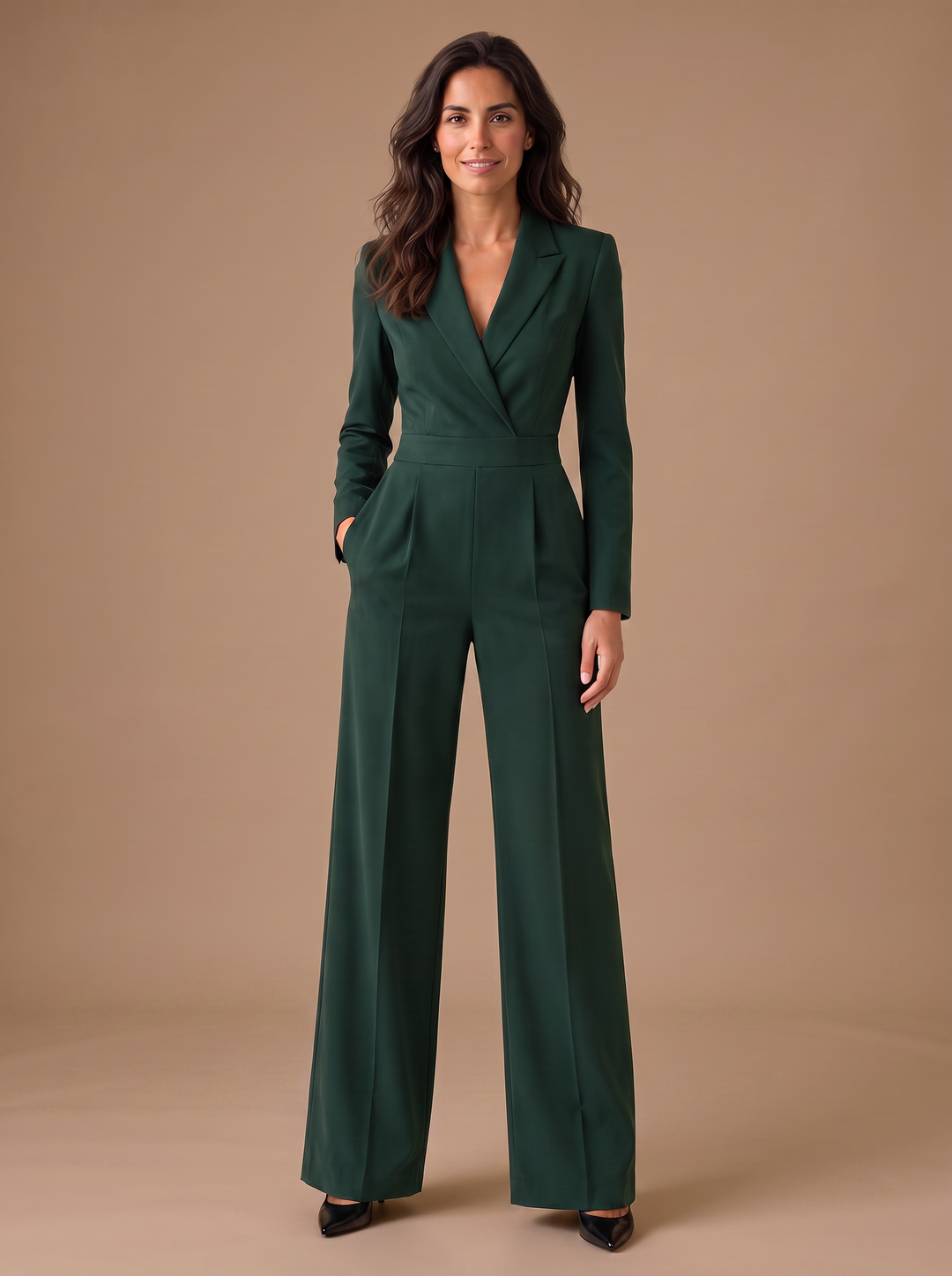 Mono Elegante de Mujer con Escote en V, Manga Larga y Pernera Ancha