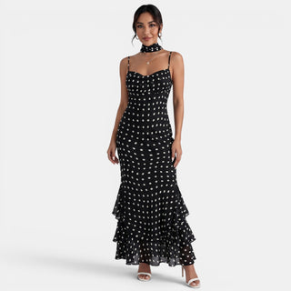 Vestido Maxi Halter Lunares Negro